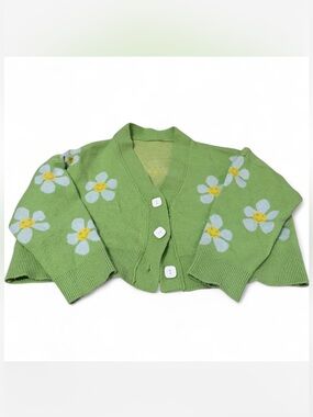 Boutique Green Floral Cropped Button Cardigan Sweater